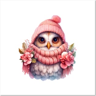 Pink Floral Christmas Owl Posters and Art